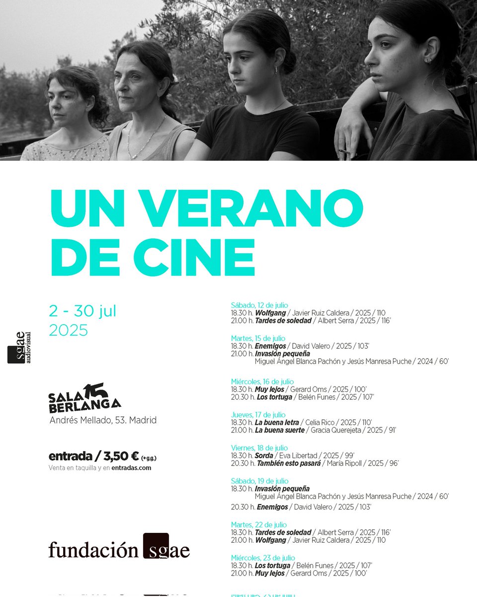 SgaeAudiovisual's tweet photo. 🌊Date tu primer chapuzón audiovisual en @LASALABERLANGA y su tradicional ciclo 😎"Un verano de cine". Con pelis de @escribeleacelia, @BelenFunes, @sietemesas, #DavidValero, #EvaLibertad, @meriripoll #MiguelÁngelBlancaPachón,
#JesúsManresaPuche o @gerardoms, entre otros. https://t.co/ziJeyIKDpI