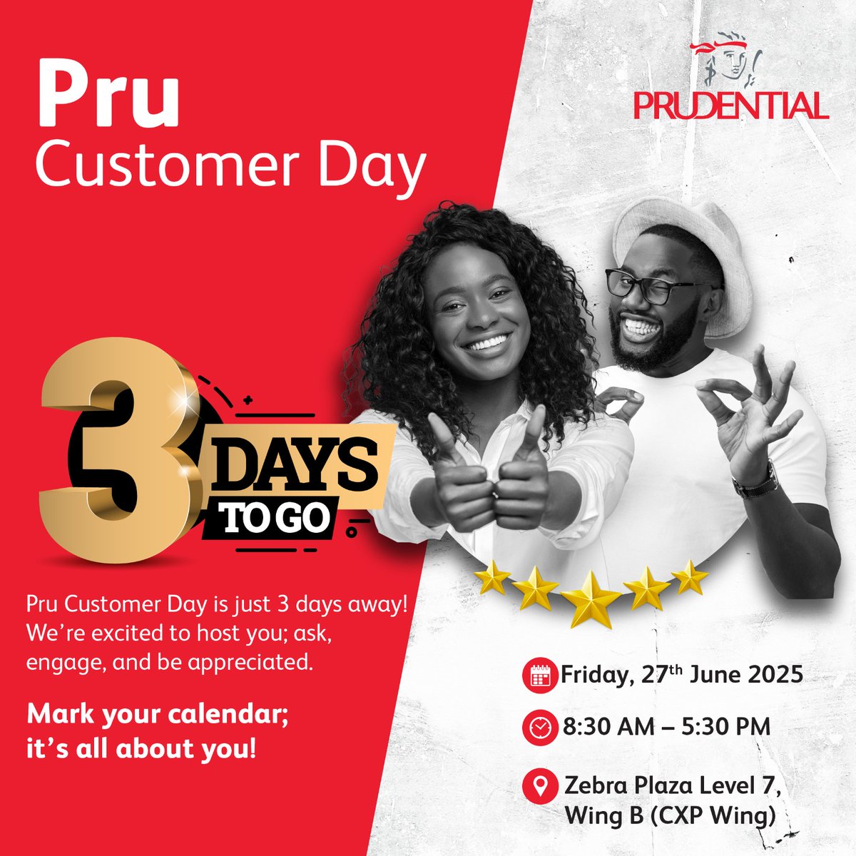 Pru Customer Day is this Friday — your exclusive chance to connect with us, ask questions, and get all the support you need.

We can’t wait to see you!

#PruCustomerDay 
#LetsFaceLifeTogether 
#TuliNaawe