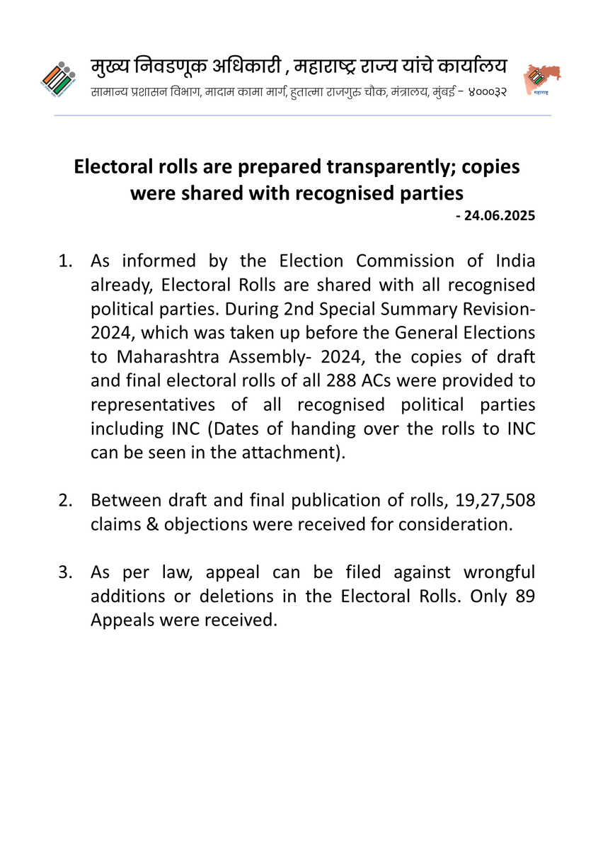 CEO_Maharashtra's tweet photo. Electoral rolls are prepared transparently; copies were shared with recognised parties https://t.co/u6HUCOOdsU