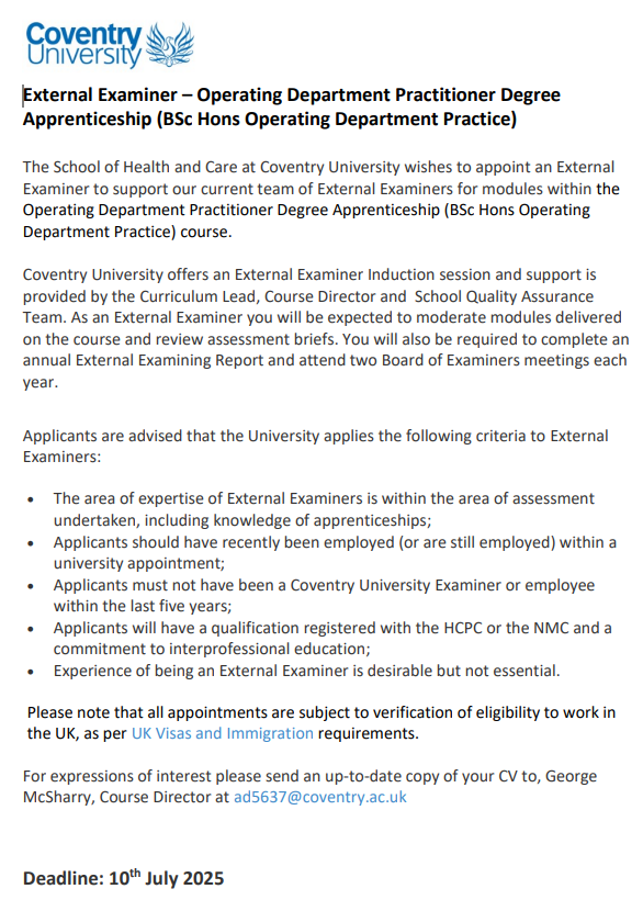 We are looking for an External Examiner for the new ODP Apprenticeship at Coventry University, due to start in September 2025. If you're interested, please contact me. #ODP #Apprenticeship #Education