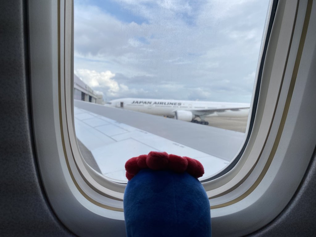 ミャクミャク、あれはね日本航空の飛行機だよ
キミも今乗っているやつだよ
可愛いね