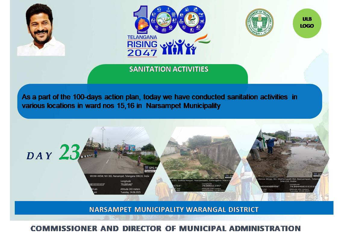 As a part of the 100-days action plan, today we have conducted sanitation activities in various locations in ward nos 15,16 in Narsampet Munici
<a href="/cdmatelangana/">C&DMA</a>

<a href="/SwachhBharatGov/">Swachh Bharat Urban</a>

<a href="/SBMU_Telangana/">SBM (U) TELANGANA</a>

<a href="/tgmepma/">TMEPMA</a>

#TelanganaRising #TG100DaysActionPlan #OkaMarpu_AbhivrudhikiMalupu