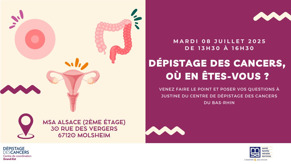"Dépistage des cancers, où en êtes-vous ?" ➡️ 2ème date

En partenariat avec le CRCDC Grand Est, la MSA d'Alsace organise une conférence de sensibilisation gratuit et ouvert à tous sur les dépistages des cancers (sein, col de l'utérus et colorectal)

ℹ️ 06.85.26.43.97