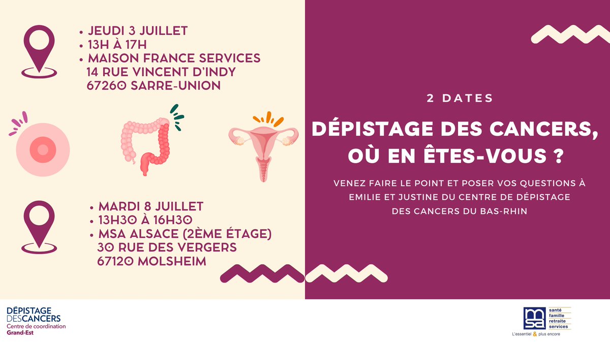 Rappel / "Dépistage des cancers, où en êtes-vous ?"

La MSA d'Alsace, en partenariat avec le CRCDC Grand Est, organise ces prochains jours 2 conférences de sensibilisation gratuites et ouvertes à tous sur les dépistages des cancers

ℹ️ 06.85.26.43.97