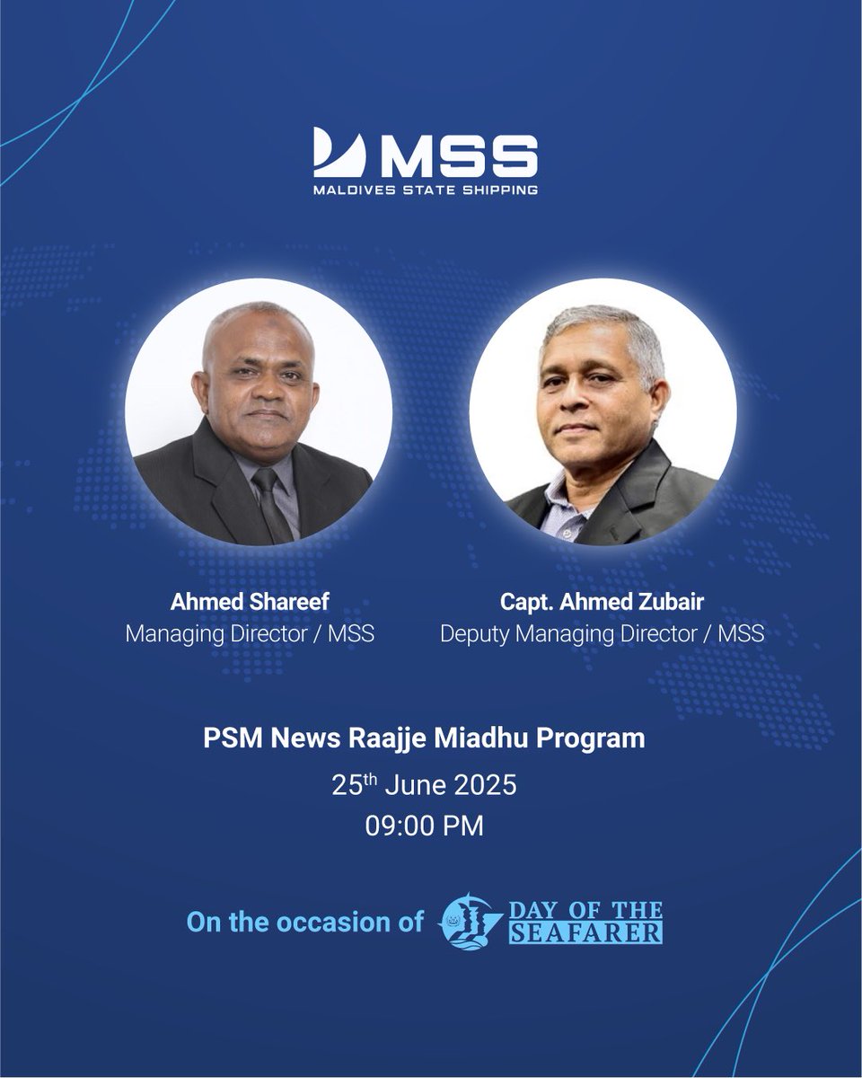 stateshippingmv's tweet photo. Tune in to PSM News on 25th June, 9PM where our Managing Director Ahmed Shareef & DMD Captain Ahmed Zubair will share insights on the shipping industry in celebration of #DayOfTheSeafarer2025 #MyHarassmentFreeShip #StateShippingMV https://t.co/fH71vcjucD