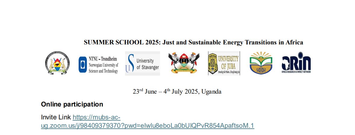 #SummerSchool2025 on Just &amp; Sustainable Energy Transitions is live in Uganda, co-hosted by <a href="/NTNU/">NTNU</a> <a href="/UniStavanger/">Universitetet i Stavanger</a>  <a href="/MubsOfficial/">MUBS</a>  <a href="/arin_africa/">Africa Research & Impact Network</a> . ARIN experts like Dr <a href="/KennedyMbeva/">Kennedy Mbeva</a> &amp; Dr. <a href="/joanes_atela/">Dr Joanes Atela</a>  leading key sessions. Welcome!

#JustTransition