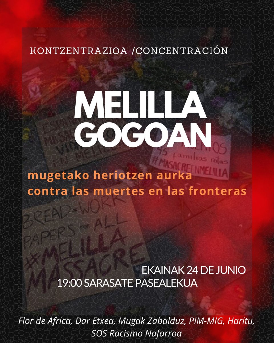 Gaur hiru urte beteko dira Melillako mugan gutxienez 117 pertsona hil eta desagertu zirela. Heriotza horiek mugako kontrolaren politikaren eta negozioaren parte direla salatzen jarraitzen dugu. Nos vemos esta tarde en la concentración. #LasVidasNegrasImportan