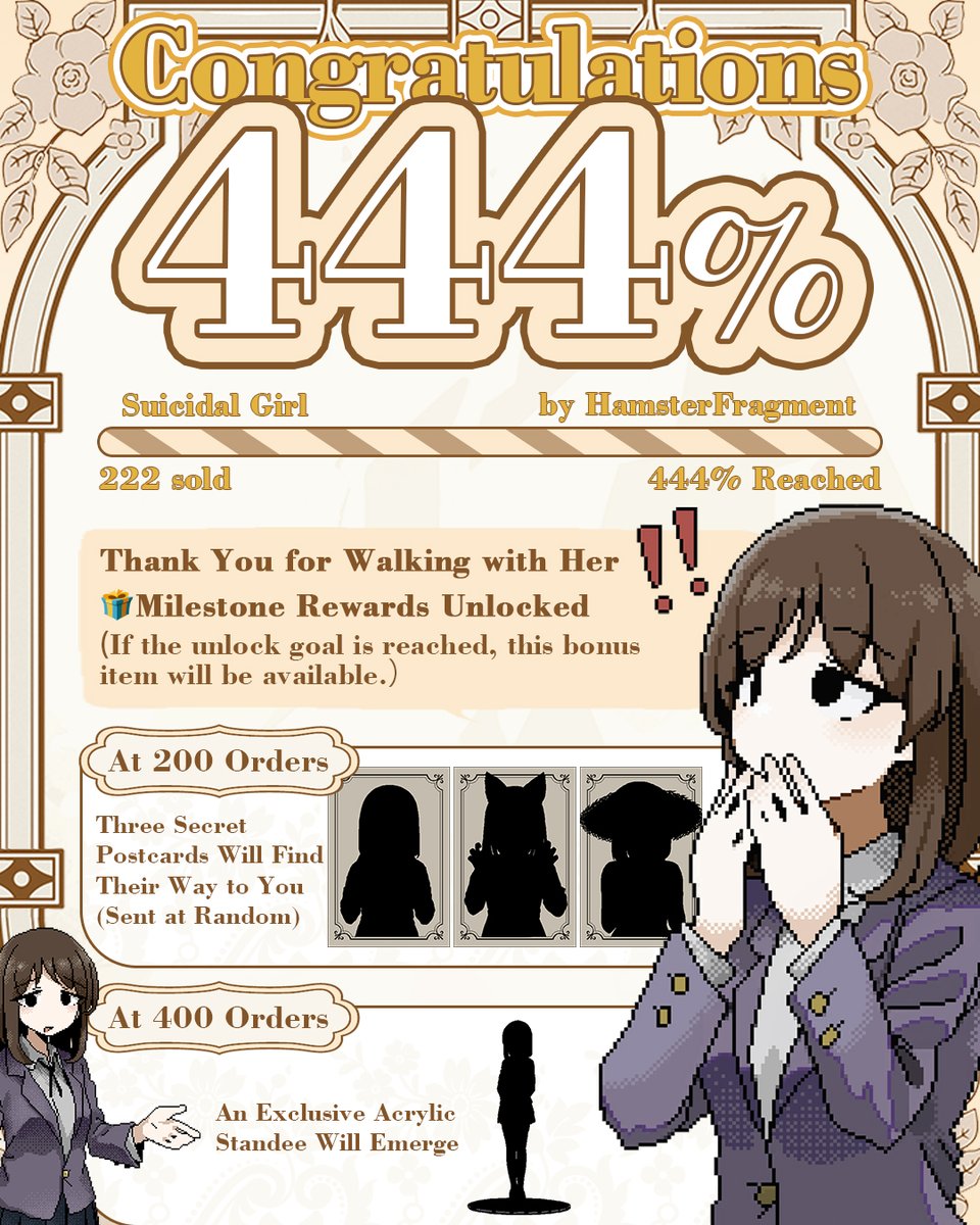 craftifyxco's tweet photo. 🎉 444% REACHED—THANK YOU! 💗
@HamsterFragment 
To celebrate, we’re launching a special giveaway and unlocking milestone rewards!
🔁 Giveaway:
RT + follow @craftifyxco for a chance to win a Suicide Girl plush!
(Shipping not included. Winner announced July 10.)

✨ Unlocked:
200 orders – Exclusive postcard
400 orders – Acrylic standee
🎯 Next up at 600%:
We’ll reveal the secret postcard & standee designs—stay tuned!
(Both are still a surprise!)

👉 Join us: https://t.co/RtaT1XPGYZ
🌍 Worldwide shipping

#SuicidalGirl #Plushie #Giveaway #CraftifyX  #Kawaii #PlushCollector  #ぬいぐるみ