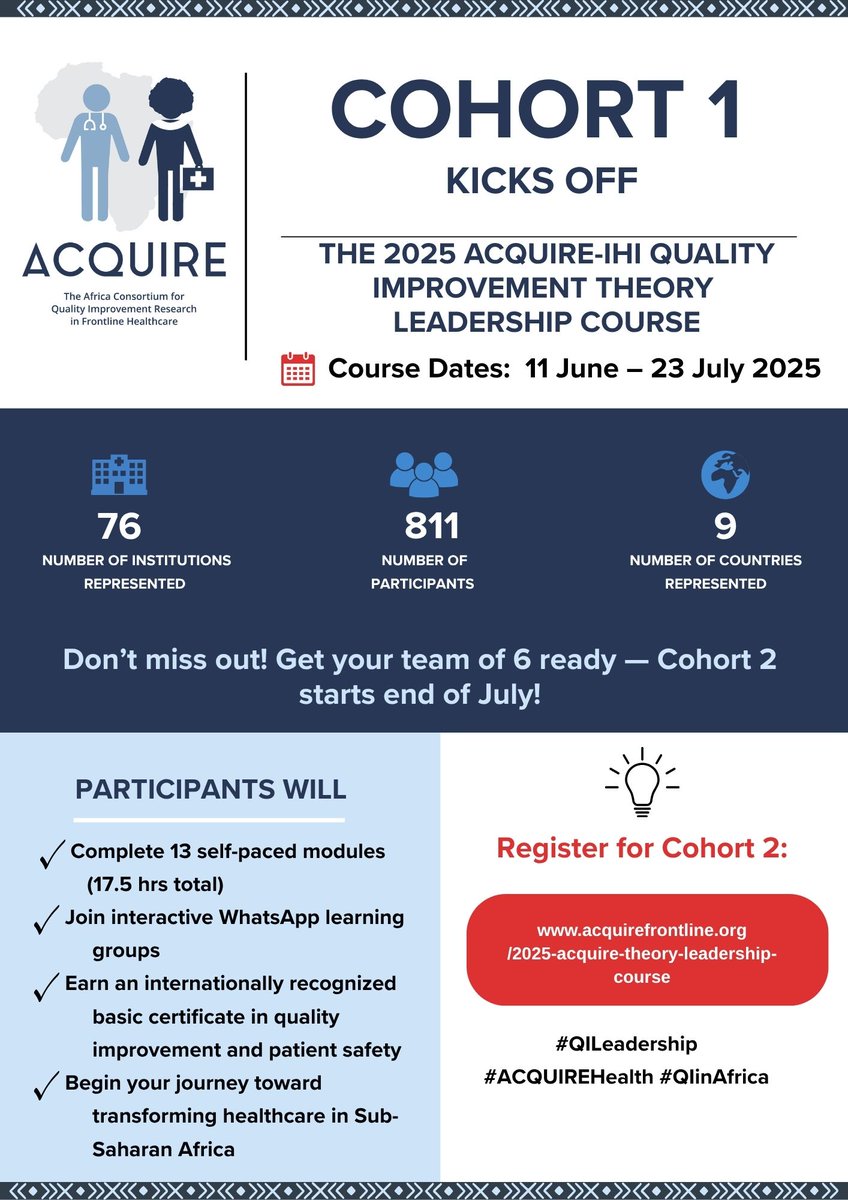 🎉 Cohort 1 launched 11 Jun until 23 Jul, 2025!
📚 13 self-paced modules | 📱 WhatsApp support | 📜 IHI certificate
🚀 Cohort 2 registration is OPEN! Starts right after Cohort 1.  Teams of 6+ from the same institution get priority slots!
🔗 Register now: acquirefrontline.org/2025-acquire-t…