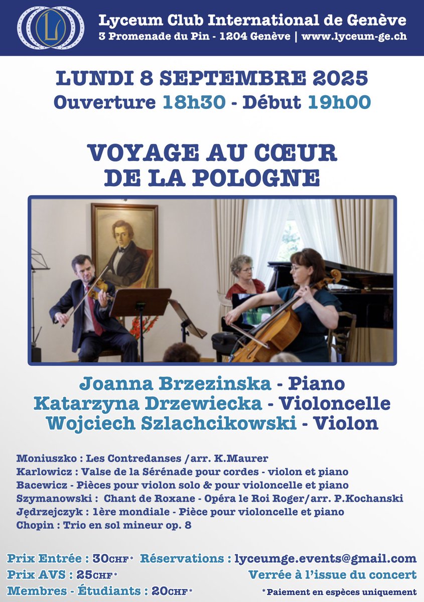 PLinSwitzerland (@plinswitzerland) on Twitter photo 🇵🇱🎶 Voyage au cœur de la Pologne – koncert muzyki polskiej w Genewie!
📅 8.09.2025 r., godz. 19:00
📍 Lyceum Club International de Genève
🎻 Chopin, Moniuszko, Szymanowski i inni
🎟 Rezerwacje: lyceumge.events@gmail.com 🇵🇱🎶 Voyage au cœur de la Pologne – koncert muzyki polskiej w Genewie!
📅 8.09.2025 r., godz. 19:00
📍 Lyceum Club International de Genève
🎻 Chopin, Moniuszko, Szymanowski i inni
🎟 Rezerwacje: lyceumge.events@gmail.com