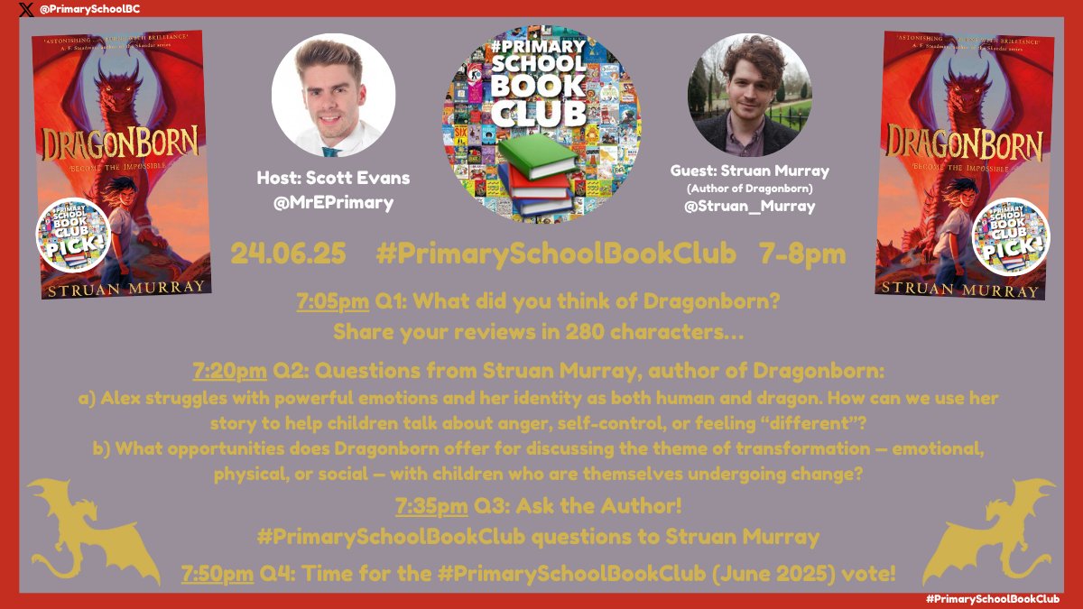 #PrimarySchoolBookClub (@primaryschoolbc) on Twitter photo ⏰2⃣1 minute until Question 2...
#⃣Be sure to use the #⃣ #PrimarySchoolBookClub📚 in your posts when answering questions so they can be seen by all!
#Dragonborn🐉
<a href="/Struan_Murray/">Struan Murray</a>
<a href="/PuffinBooks/">PuffinBooks</a> ⏰2⃣1 minute until Question 2...
#⃣Be sure to use the #⃣ #PrimarySchoolBookClub📚 in your posts when answering questions so they can be seen by all!
#Dragonborn🐉
<a href="/Struan_Murray/">Struan Murray</a>
<a href="/PuffinBooks/">PuffinBooks</a>