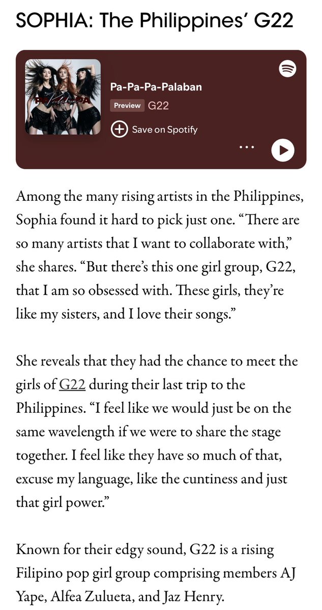KATSEYE x G22? Gnarly! 🥹

SO SWEET of Sophia to mention us as her Dream Artist Collab for their Vogue article! 

KATSEYE’s our sisters, so it’s our dream too! 🫶

read here: 🔗 vogue.ph/lifestyle/musi…

STREAM G22 ‘Filipina Queen’ Live Performance MV OUT NOW 👑👄
🔗