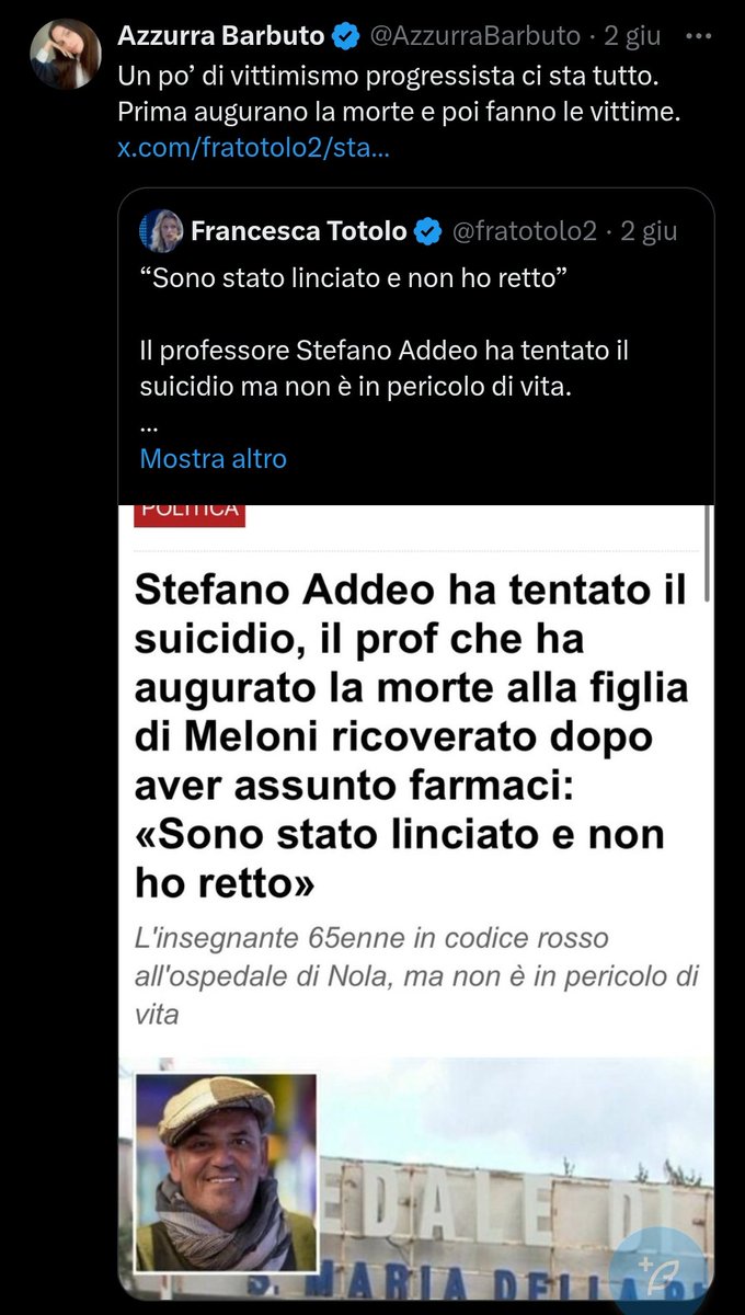 <a href="/AzzurraBarbuto/">Azzurra Barbuto</a> Eppure in questo caso sei stata d'accordo sul pubblicare il nome, il cognome e l'istituto dove lavorava il professore che ha scritto su un social quella schifezza su una bambina.