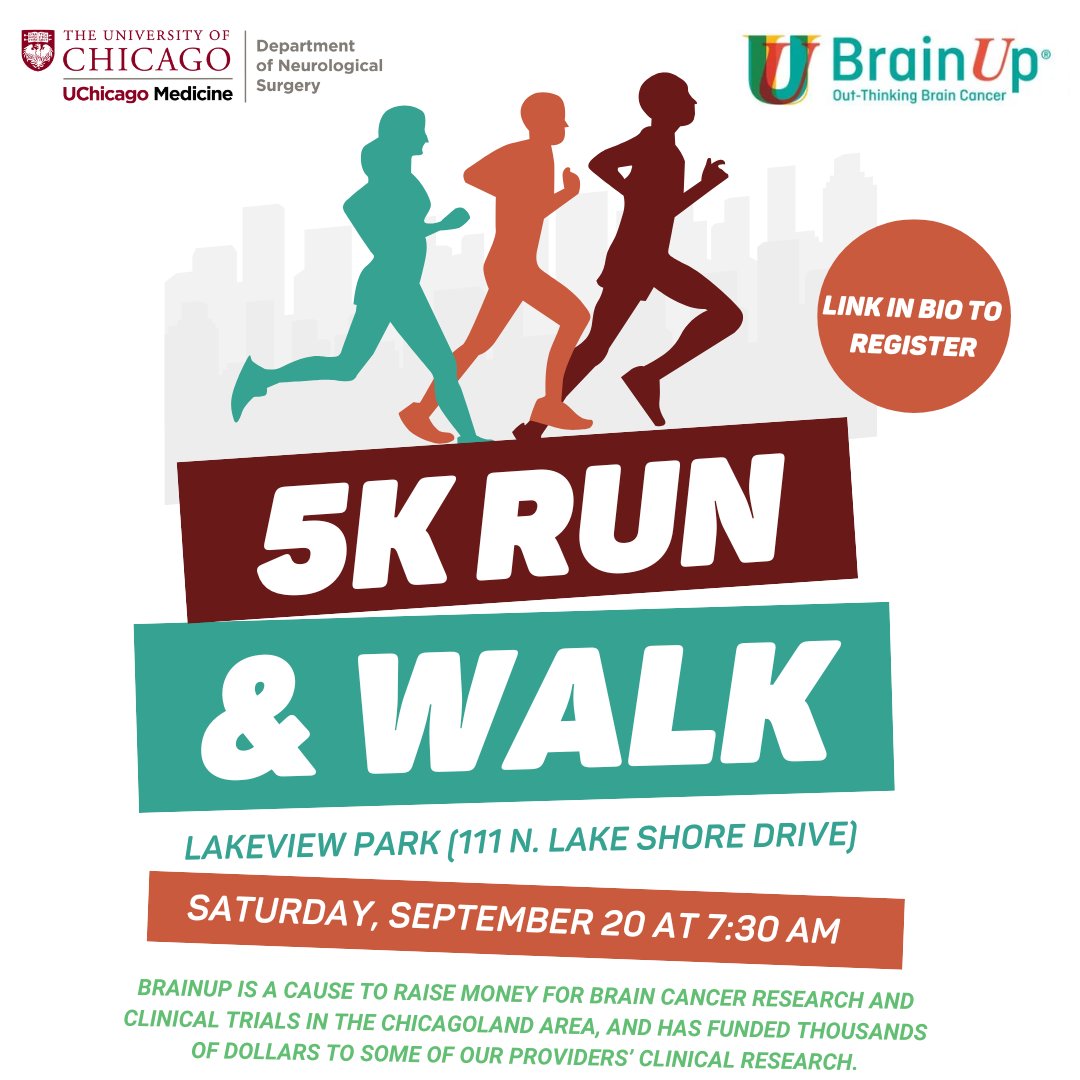 🏃‍♀️💙 Join us for the #BrainUp 5K Walk/Run on Saturday, September 20th at 7:30 AM at Lakeview Park! 👟🧠

🔗classy.org/team/666721

#BrainUp5K #UChicagoMedicine #BrainCancerAwareness #RunForResearch #UCMTeam #ChicagoEvents
