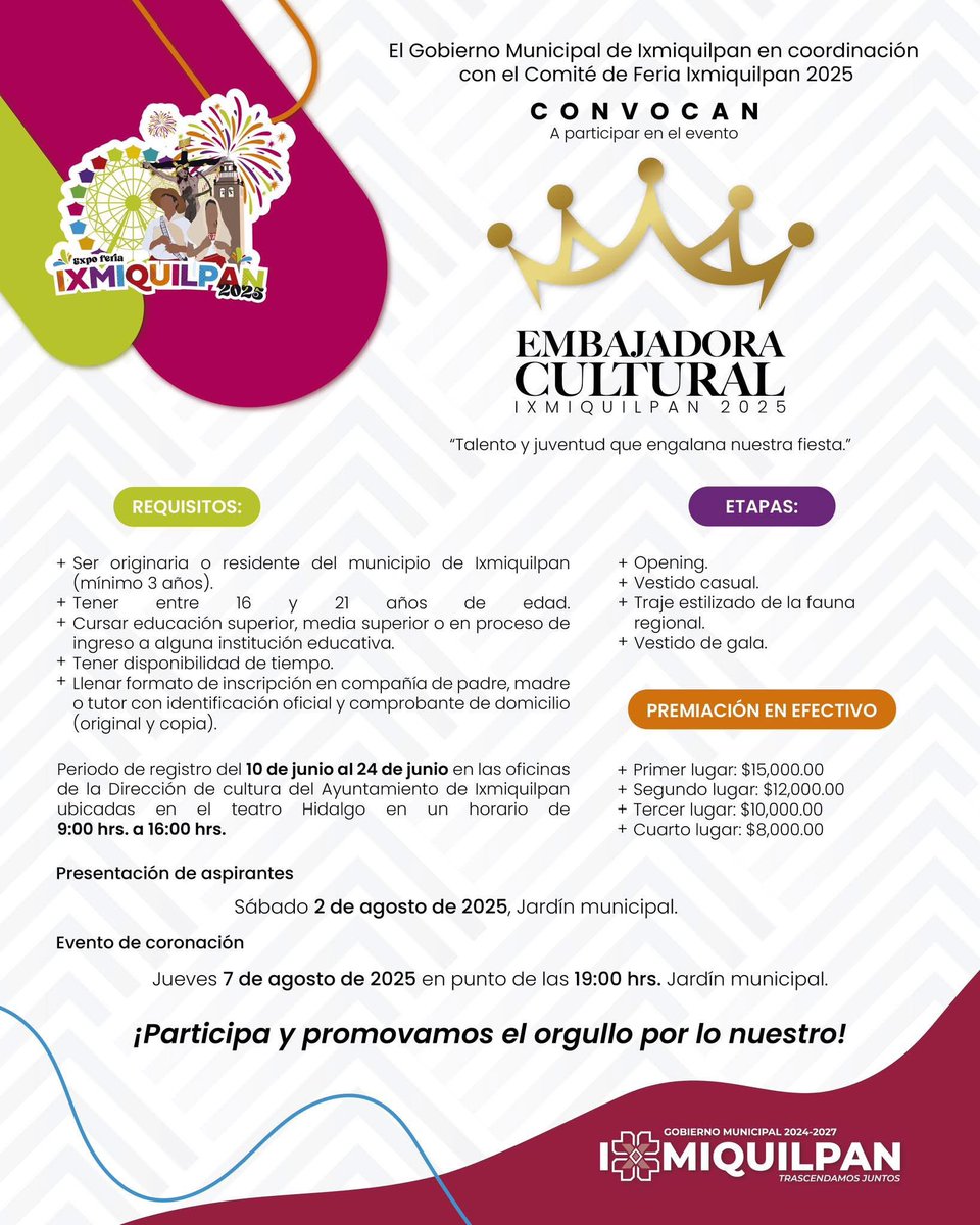 Hoy último día de inscripción… 👑 ¡Se busca a la Embajadora Cultural Ixmiquilpan 2025!

Si tienes entre 16 y 21 años, orgullo por tus raíces y muchas ganas de representar a tu municipio, esta es tu oportunidad.❤️⚡️

#ExpoFeriaIxmiquilpan2025 
#EmbajadoraCultural