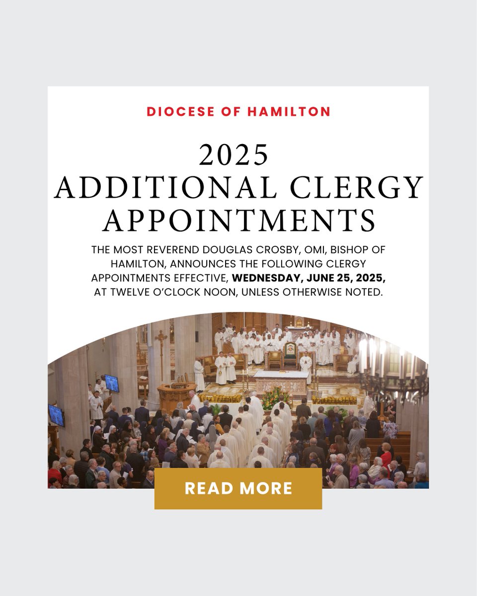 Bishop Douglas Crosby, OMI, announces the following additional clergy appointments, effective tomorrow, Wednesday, June 25. 🙏 Please join us in praying for safe travels, smooth transitions, and renewed strength as they serve their new communities.
hamiltondiocese.com/news/2025/06/2…