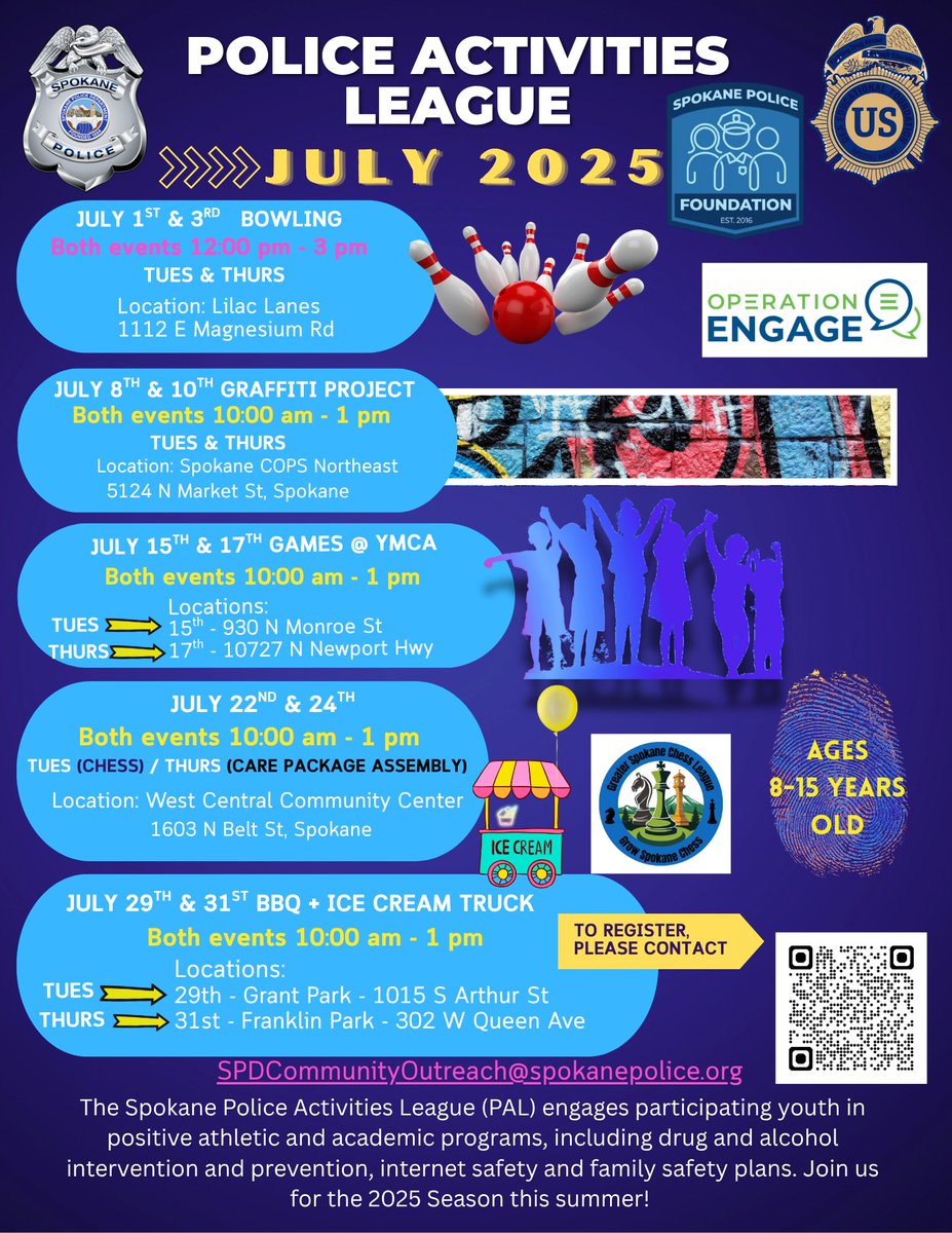 PAL 2025 begins July 1st and the Spokane Police Department is accepting registrations for the program.  Go to my.spokanecity.org/police/communi… for more information.  Please share this information for this free summer program.