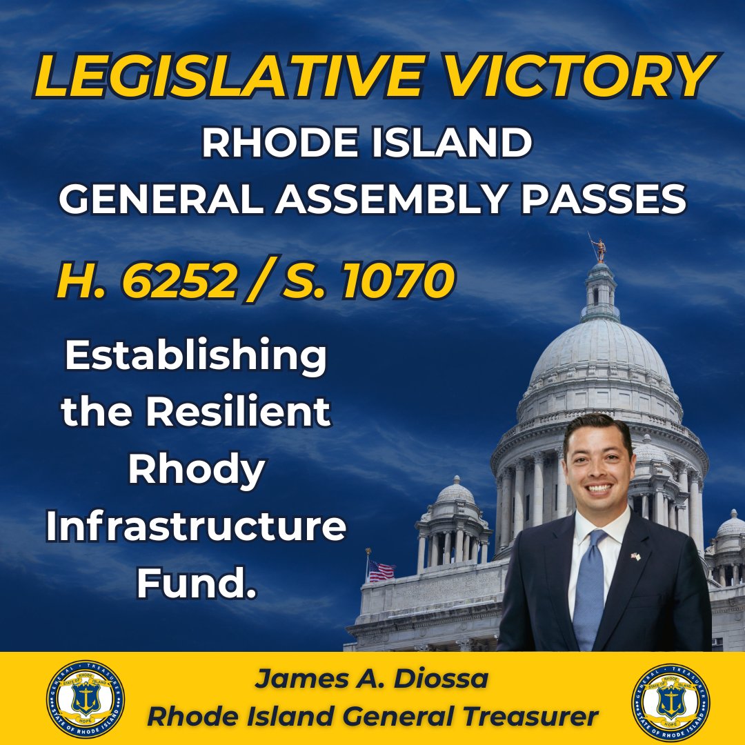 Legislative victory! 🎉 The Resilient Rhody Fund, introduced at Treasury's request has officially passed, creating a dedicated funding source for local climate resilience. Thank you to sponsors <a href="/SenatorCiccone/">Frank A. Ciccone</a>  &amp; <a href="/TerriCortvriend/">Rep. Terri Cortvriend 🟧</a>  and to <a href="/RI_InfraBank/">RI Infrastructure Bank</a>  for your partnership!