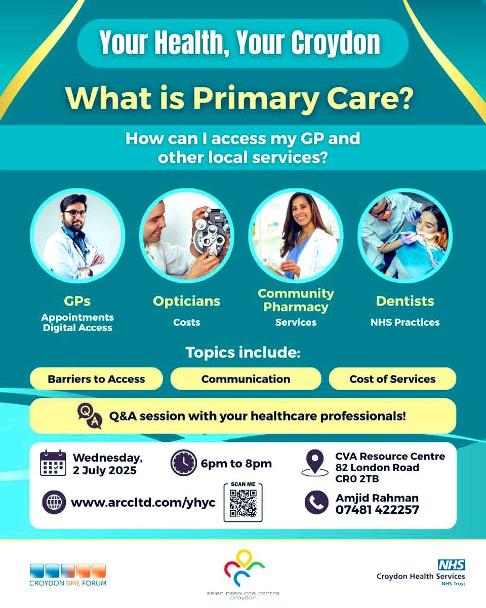 Cllr Mohammed Islam (@mohammedislam_1) on Twitter photo Your Health, Your Croydon
Join an important community event:
What is Primary Care?
Learn how to access vital local services including GPs, opticians, dentists, and pharmacies.
Interactive Q&A with healthcare professionals
A great opportunity to ask questions, get informed, Your Health, Your Croydon
Join an important community event:
What is Primary Care?
Learn how to access vital local services including GPs, opticians, dentists, and pharmacies.
Interactive Q&A with healthcare professionals
A great opportunity to ask questions, get informed,
