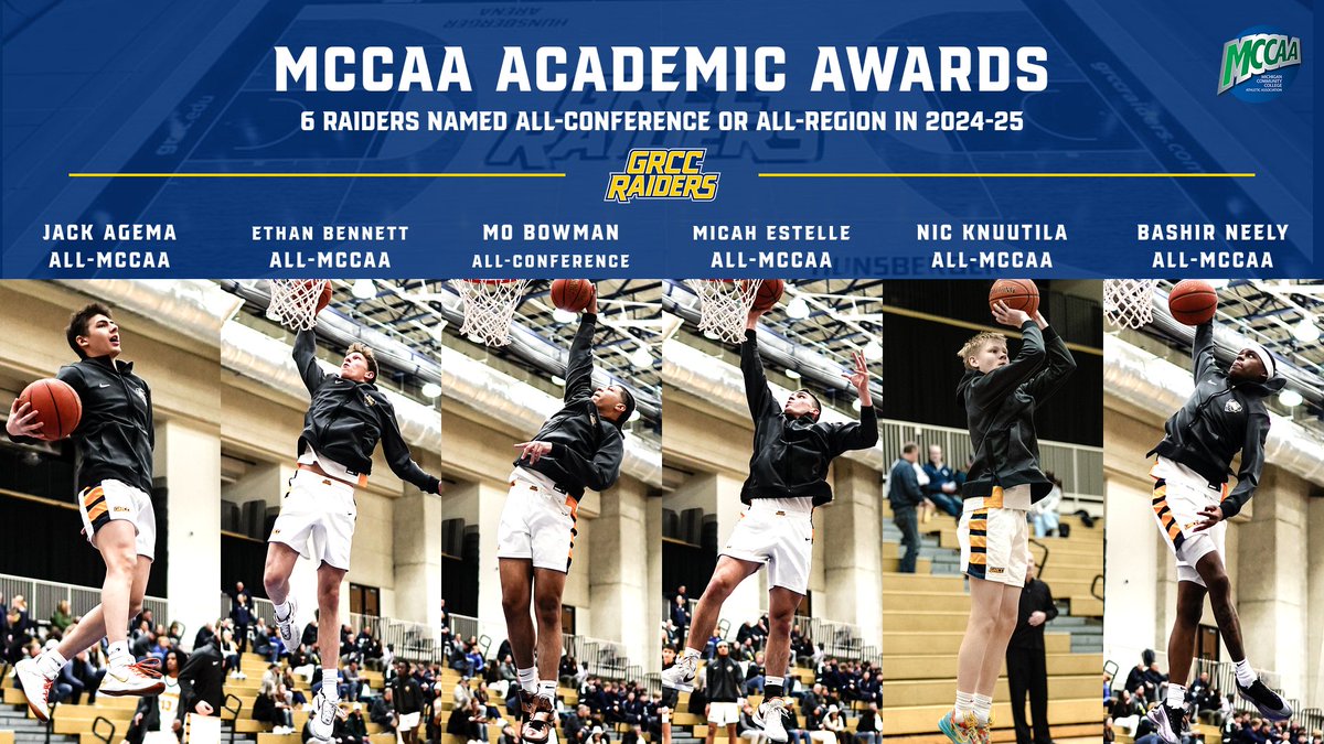 GRCC Men's Basketball (@grccbasketball) on Twitter photo We had 6 Raiders earn Academic Awards from the <a href="/mccaa1926/">MCCAA</a> this season! Congratulations to:
<a href="/AgemaJack/">Jack Agema</a> - All-MCCAA
Ethan Bennett - All-MCCAA
Maurice Bowman - All-Conference
<a href="/micah_estelle/">Micah Estelle</a> - All-MCCAA
Nicolas Knuutila - All-MCCAA
and <a href="/Bashir245/">Bashir Neely</a> - All-MCCAA! We had 6 Raiders earn Academic Awards from the <a href="/mccaa1926/">MCCAA</a> this season! Congratulations to:
<a href="/AgemaJack/">Jack Agema</a> - All-MCCAA
Ethan Bennett - All-MCCAA
Maurice Bowman - All-Conference
<a href="/micah_estelle/">Micah Estelle</a> - All-MCCAA
Nicolas Knuutila - All-MCCAA
and <a href="/Bashir245/">Bashir Neely</a> - All-MCCAA!