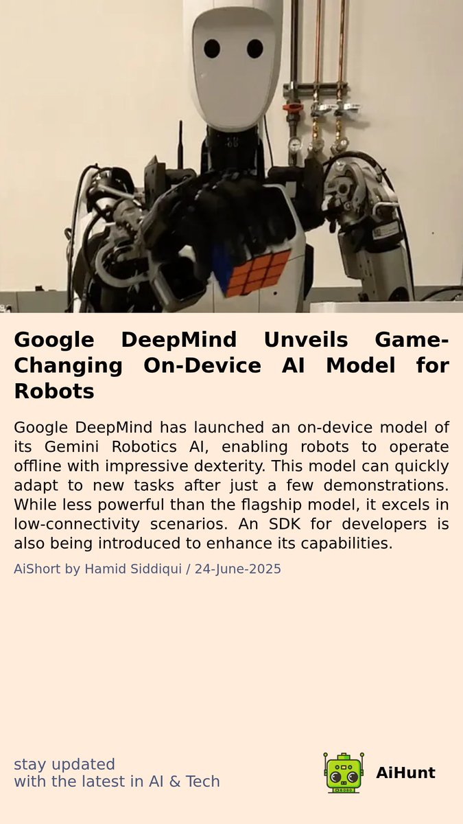 aihuntapp's tweet image. 🚀✨ Big strides in AI robotics! Google DeepMind reveals a groundbreaking off-line model that adapts quickly to new tasks. 🤖💡 What does this mean for the future of robotics? Stay tuned! #GeminiRobotics #AI #TechNews