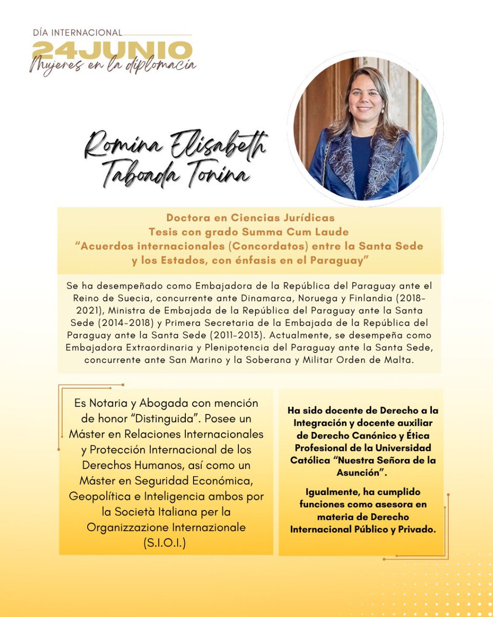 24 de junio – Día Internacional de las Mujeres en la Diplomacia 👩🏻‍💼✨🌎

Perfil de la Embajadora Romina Elisabeth Taboada Tonina, representante del Paraguay ante la Santa Sede, concurrente ante San Marino y la Soberana y Militar Orden de Malta 🇻🇦🇸🇲 🇲🇹