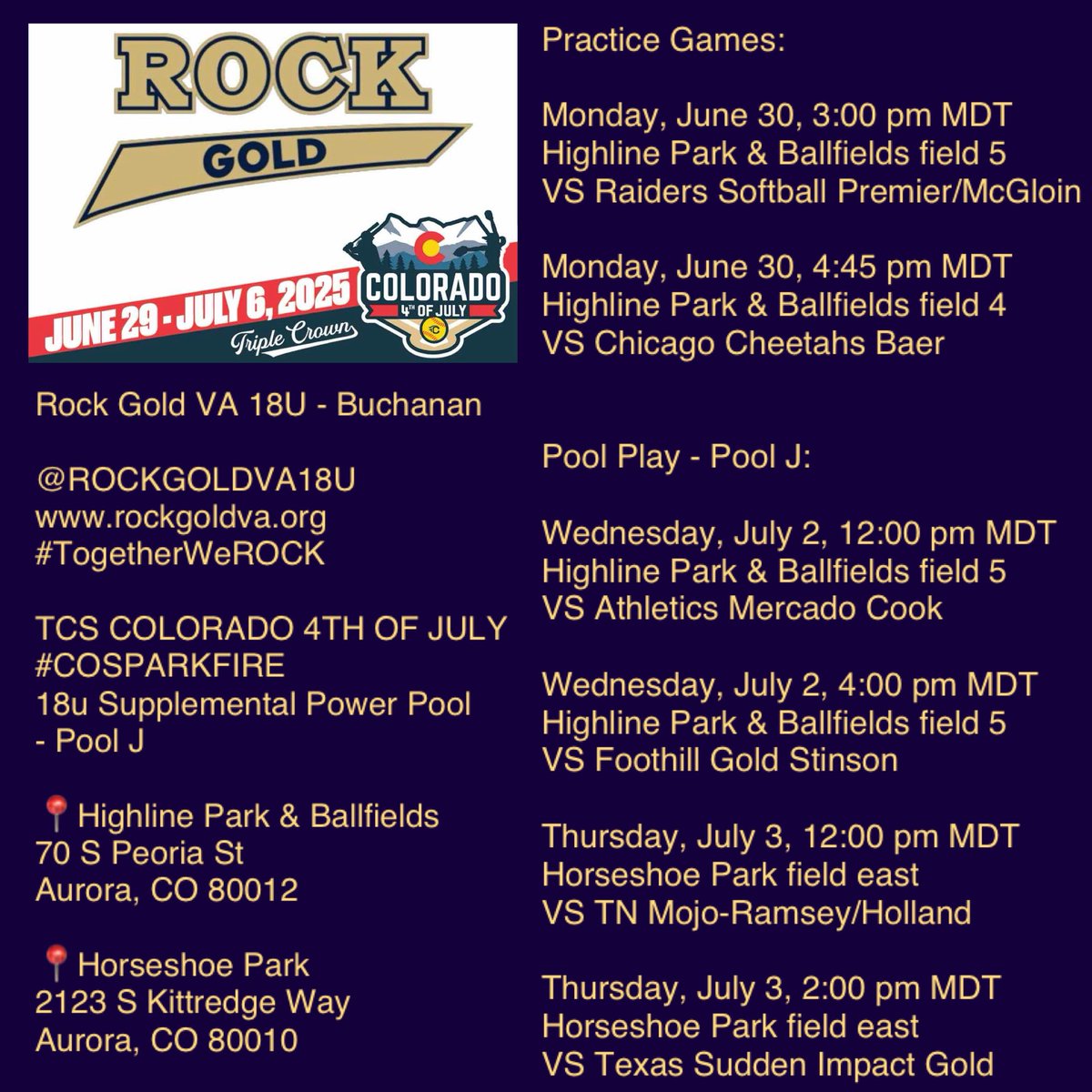 ROCK GOLD VA 18U - Buchanan (@rockgoldva18u) on Twitter photo π€πΈπ₯ ROCK GOLD VA 18U - Buchanan
*schedule drop* practice games and pool play in the ROCKY Mountains βοΈποΈπΊπΈ
ποΈ June 29 - July 6, 2025
ποΈ TCS COLORADO 4TH OF JULY
πDenver Metro, CO
#TogetherWeROCK
#COSPARKFIRE <a href="/COSparkFire/">CO 4th of July</a> <a href="/triplecrownspts/">Triple Crown Sports</a> #IPlayTCS <a href="/TCSFastpitch/">TC Fastpitch</a> π€πΈπ₯ ROCK GOLD VA 18U - Buchanan
*schedule drop* practice games and pool play in the ROCKY Mountains βοΈποΈπΊπΈ
ποΈ June 29 - July 6, 2025
ποΈ TCS COLORADO 4TH OF JULY
πDenver Metro, CO
#TogetherWeROCK
#COSPARKFIRE <a href="/COSparkFire/">CO 4th of July</a> <a href="/triplecrownspts/">Triple Crown Sports</a> #IPlayTCS <a href="/TCSFastpitch/">TC Fastpitch</a>