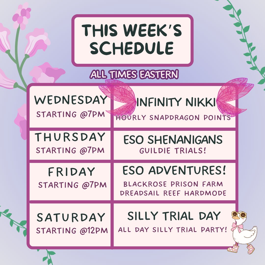 This week's stream schedule! 🎮💜
🎀 WED: Infinity Nikki - More Playful Season!
⚔️ THURS: Guildie Trial – LC gear grind!
🔥 FRI: BRP farming + late-night DSR HM training!
🎉 SAT: Special Silly Trial Day! Sign up in the Snapfam Discord!
#twitchstreamer #TESO #InfinityNikki #MMORPG
