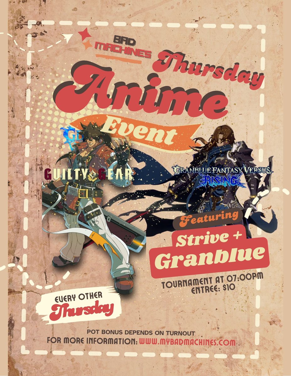 Bad Machines (@mybadmachines) on Twitter photo Thursday Anime has been set for every other week opposite of Cookout at PM with potential pot bonuses. $5 per game with the normal $5 for TO. Games are ran on PC only and under 21 is allowed so <a href="/ThyBeefed/">SJS | beefyweefy IS GOING TO SQXL</a> can't blame us for holding them back. start.gg/tournament/thu… Thursday Anime has been set for every other week opposite of Cookout at PM with potential pot bonuses. $5 per game with the normal $5 for TO. Games are ran on PC only and under 21 is allowed so <a href="/ThyBeefed/">SJS | beefyweefy IS GOING TO SQXL</a> can't blame us for holding them back. start.gg/tournament/thu…