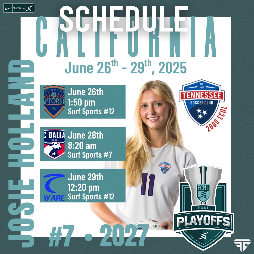 San Diego Playoffs Schedule‼️⬇️ So excited to play with my team, and against great competition❗️
<a href="/TravisFravel/">Travis Fravel</a> <a href="/TSC09GECNL/">Tennessee SC 09G ECNL</a> <a href="/ECNLgirls/">ECNL Girls</a> <a href="/ImCollegeSoccer/">College Soccer Truth ™</a> <a href="/TheSoccerWire/">SoccerWire</a> #ecnlplayoffs #2027recruit
