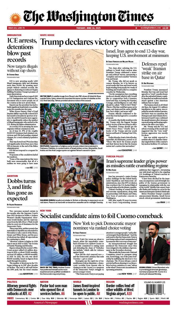 On Tuesday's #TWTFrontPage: President Trump says that Iran and Israel have agreed to a ceasefire, New York City voters are about to launch either the comeback of former Gov. Andrew Cuomo or the rapid rise of Assemblyman Zohran Mamdani, and more.
washingtontimes.com/frontpage