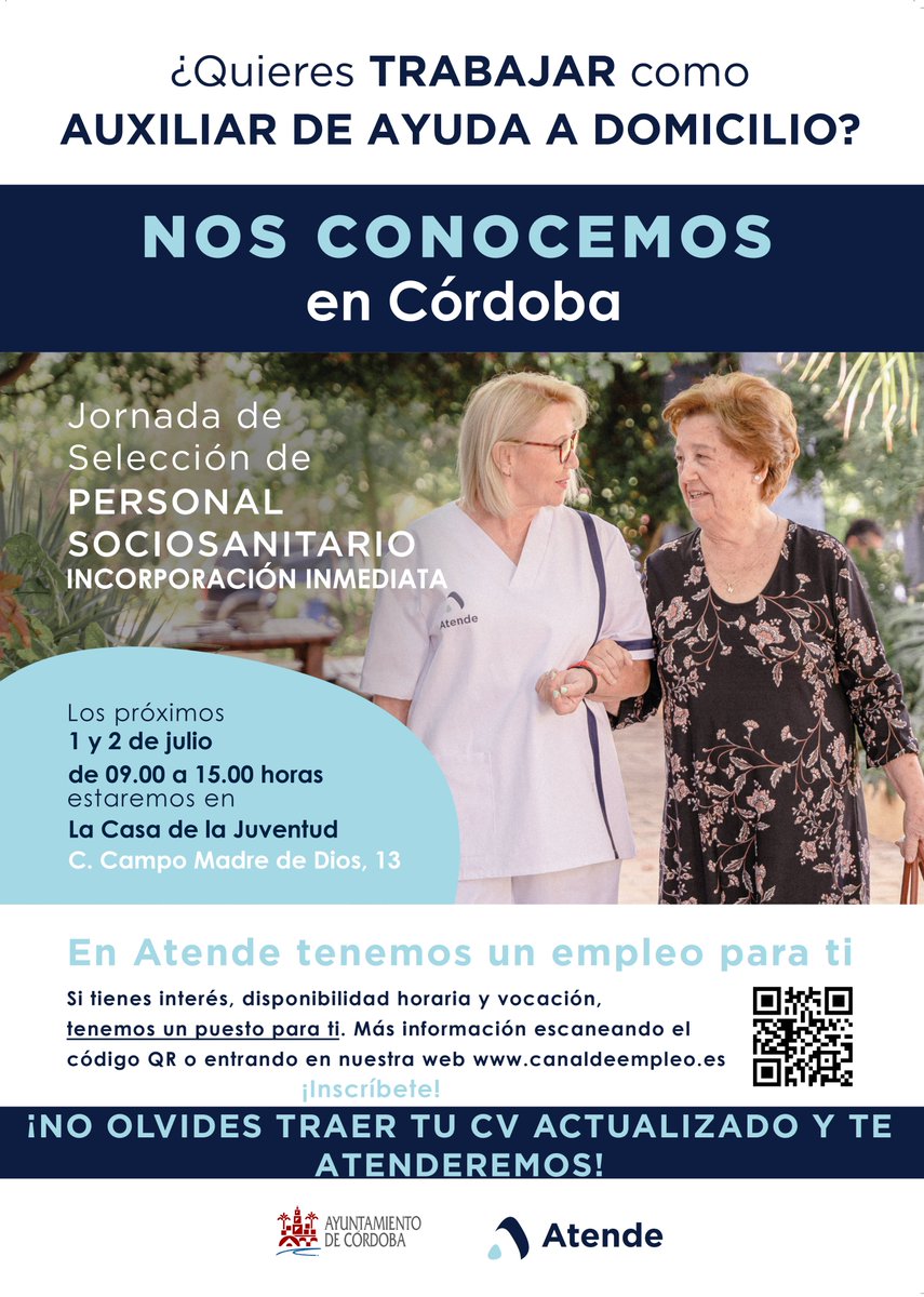 ¡OPORTUNIDAD LABORAL CON 𝑰𝑵𝑪𝑶𝑹𝑷𝑶𝑹𝑨𝑪𝑰Ó𝑵 𝑰𝑵𝑴𝑬𝑫𝑰𝑨𝑻𝑨!
Los próximos 𝟏 𝒚 𝟐 𝒅𝒆 𝑱𝑼𝑳𝑰𝑶 tienes una cita en Córdoba, en 𝑳𝑨 𝑪𝑨𝑺𝑨 𝑫𝑬 𝑳𝑨 𝑱𝑼𝑽𝑬𝑵𝑻𝑼𝑫 en horario de 9 a 15h. 
Más información en canaldeempleo.es/CLECE

Gracias <a href="/ayuncordoba_es/">Ayuntamiento Córdoba</a>