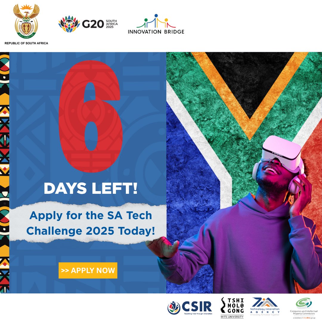 Only 6 DAYS LEFT to apply for the SA Tech Challenge 2025!

Got a bold idea for sustainable innovation? Pitch it and stand a chance to win R1 MILLION + go global at the G20 Digital Innovation Summit!💡

Apply now: satechchallenge.co.za

#Sustainability #TechForGood #SAChallenge