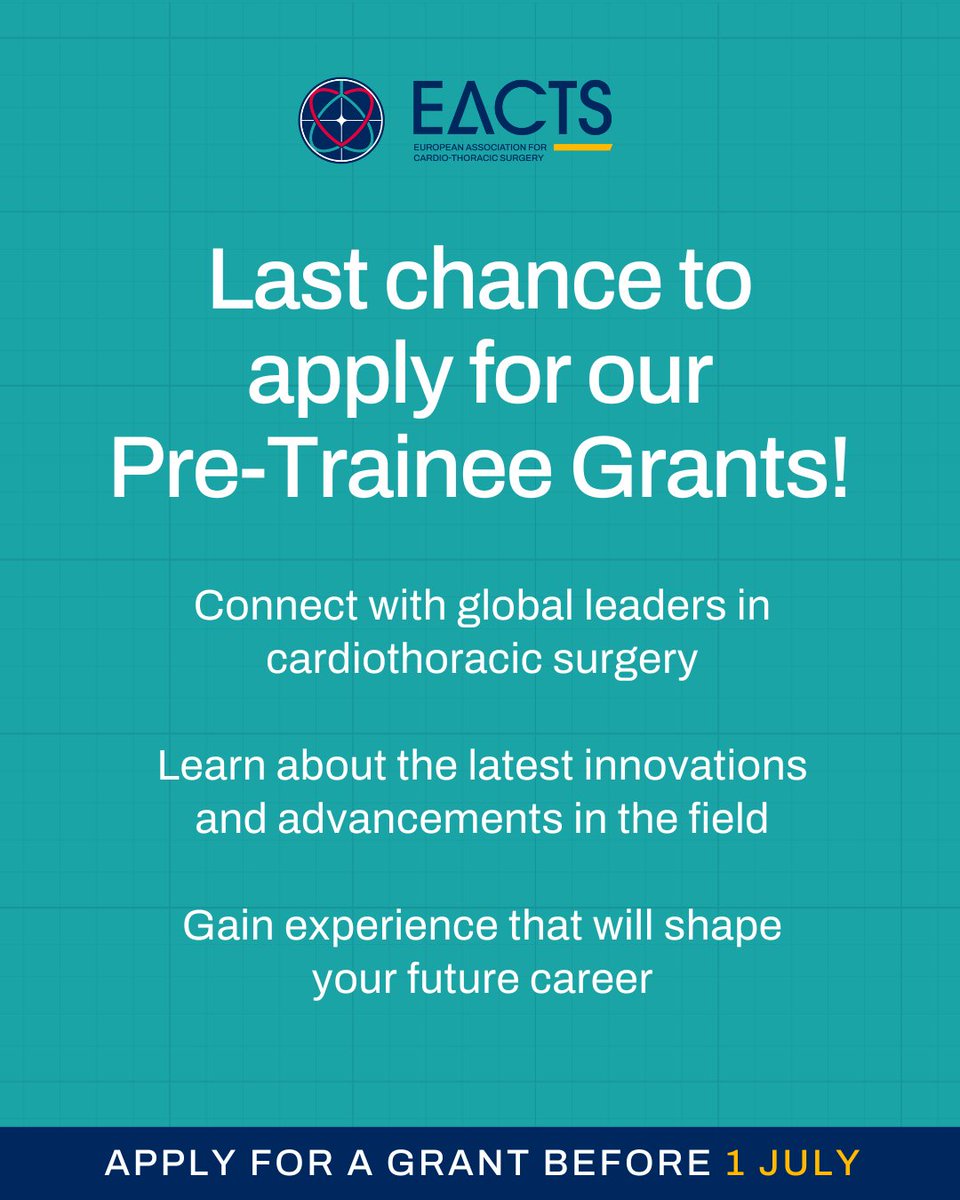 Last chance to apply for our #EACTS2025 Pre-Trainee Annual Meeting Grants❗

There are just four days to apply for a grant to cover your registration fee for this year's prestigious EACTS Annual Meeting in Copenhagen, which includes a €750 stipend for travel and accommodation