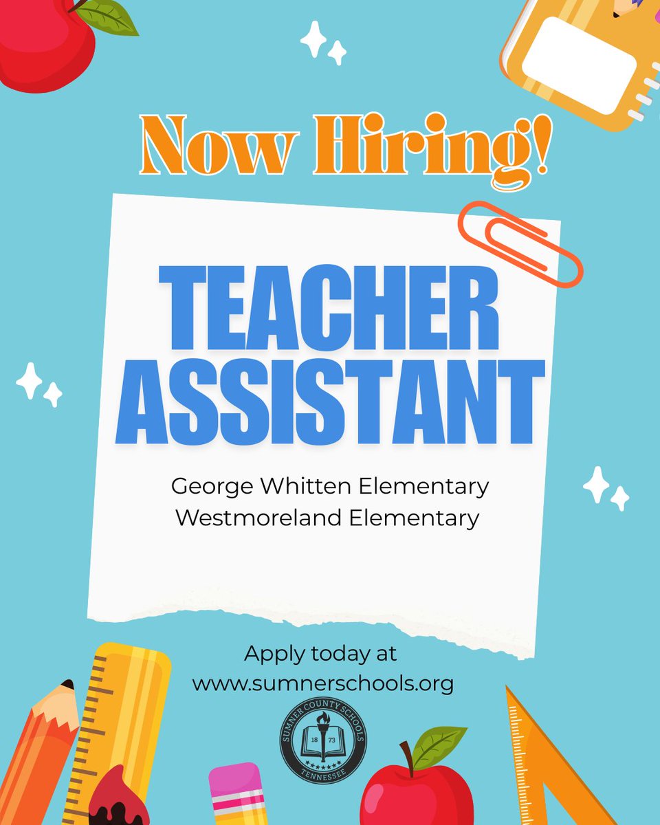 CareersSCS's tweet image. 🎉 We're hiring! 🎉
George Whitten and Westmoreland Elementary are looking for dedicated Teacher Assistants to join their teams.
📚 Make a difference in the classroom every day!
📝 Apply now at sumnerschools.org
#NowHiring #EducationJobs #SumnerCountySchools #JoinOurTeam