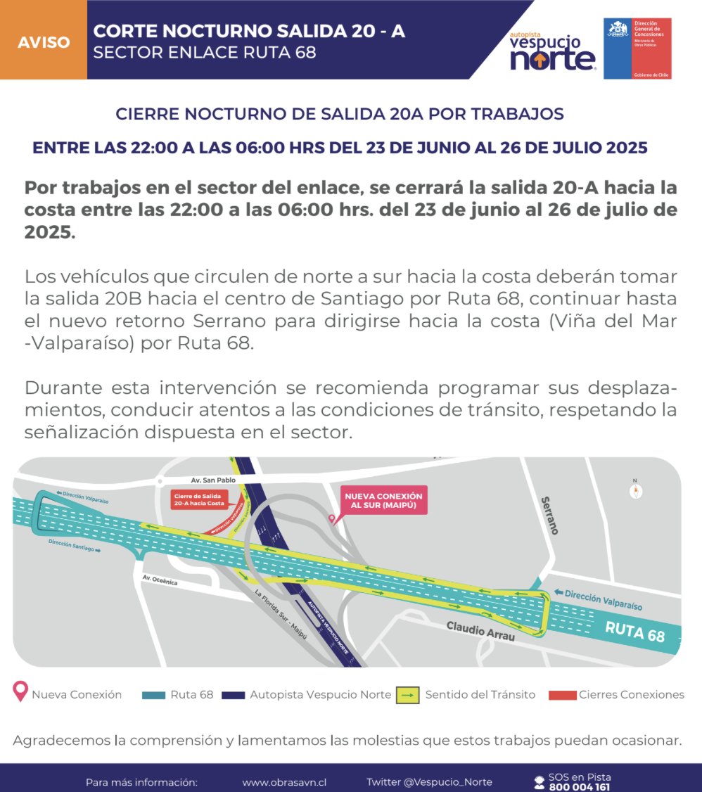 🚧Hasta SAB 26 JULIO en Jornadas Nocturnas
Cierre de Salida 20A en <a href="/Vespucio_Norte/">Autopista Vespucio Norte</a> , sector Enlace con #Ruta68 , por obras nuevo Enlace Vial
#PrefieraAlternativas
#Atención a la señalización del lugar
<a href="/mop_chile/">Ministerio de Obras Públicas🇨🇱</a> <a href="/Autop68/">Rutas del Pacífico</a> <a href="/TTISantiago/">TransporteInforma Región Metropolitana De Santiago</a> <a href="/radiocarab/">Carabineros Radio</a>