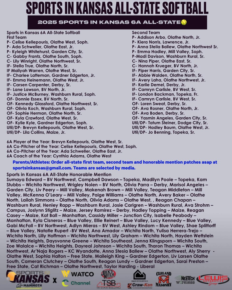 One more set of honors for <a href="/RuralSoftball/">Washburn Rural Softball</a>…congrats to first team recipients Olivia Koch and Justice McBurney, second team recipient Madi Davison, and honorable
mention recipients Reagan Chapman, Henley Rapp, and Josie Carlgren. Thanks to <a href="/sportsinkansas/">Sports in Kansas</a> for the recognition! 💙