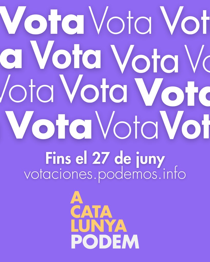 🗳️ Del 23 al 27 de juny decidim quin Podem volem per Catalunya.

💜 A Catalunya, Podem és una candidatura amb direcció, arrel territorial i compromís amb la militància.

Si creus que cal un gir, pots votar fins dijous a les 23:59h:

🔗 votaciones.podemos.info

#ACatalunyaPodem