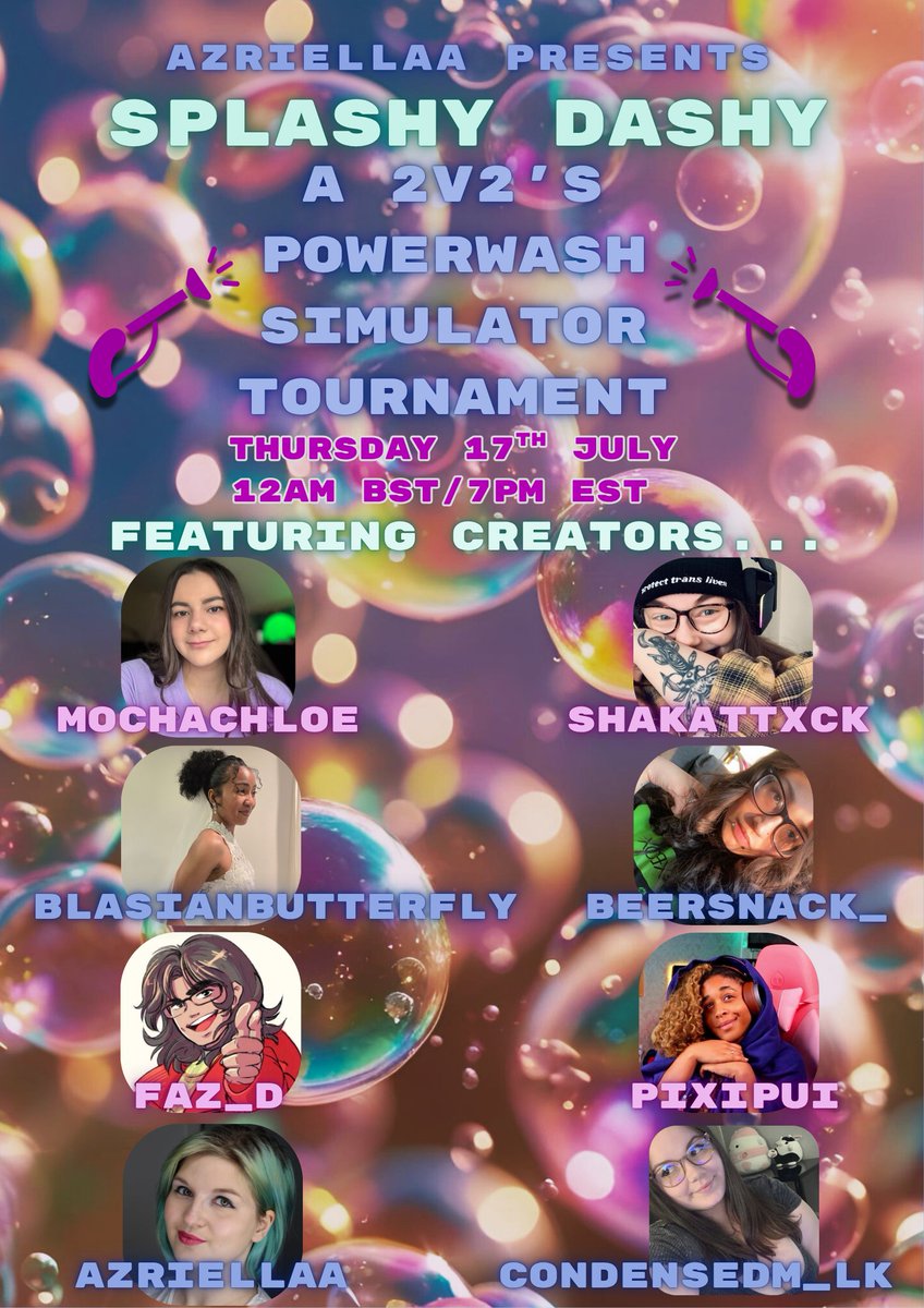 Azriellaa/Ari (@azriella_a) on Twitter photo THURSDAY 17TH JULY IS GOING TO BE A WET ONE...
Introducing, Splashy Dashy!!
A 2v2's Powerwash Simulator Tournament, created and hosted by yours truly! Get your hats... It's going to be damp!
Featuring <a href="/mochachloee/">Mochachloe</a> <a href="/_shakattack/">Shak (see pinned)</a> <a href="/blsnbutterfly/">MISHY 🦋🇵🇭</a> <a href="/The_Faz_D/">HAPPY FAZ DAY / Free 🇵🇸 🇱🇧</a> <a href="/pixipui/">pixipui ✨Is featured on Adobe YT✨</a> <a href="/CondensedM_lk/">Condensed Milk 🩷💛🩵</a> THURSDAY 17TH JULY IS GOING TO BE A WET ONE...
Introducing, Splashy Dashy!!
A 2v2's Powerwash Simulator Tournament, created and hosted by yours truly! Get your hats... It's going to be damp!
Featuring <a href="/mochachloee/">Mochachloe</a> <a href="/_shakattack/">Shak (see pinned)</a> <a href="/blsnbutterfly/">MISHY 🦋🇵🇭</a> <a href="/The_Faz_D/">HAPPY FAZ DAY / Free 🇵🇸 🇱🇧</a> <a href="/pixipui/">pixipui ✨Is featured on Adobe YT✨</a> <a href="/CondensedM_lk/">Condensed Milk 🩷💛🩵</a>