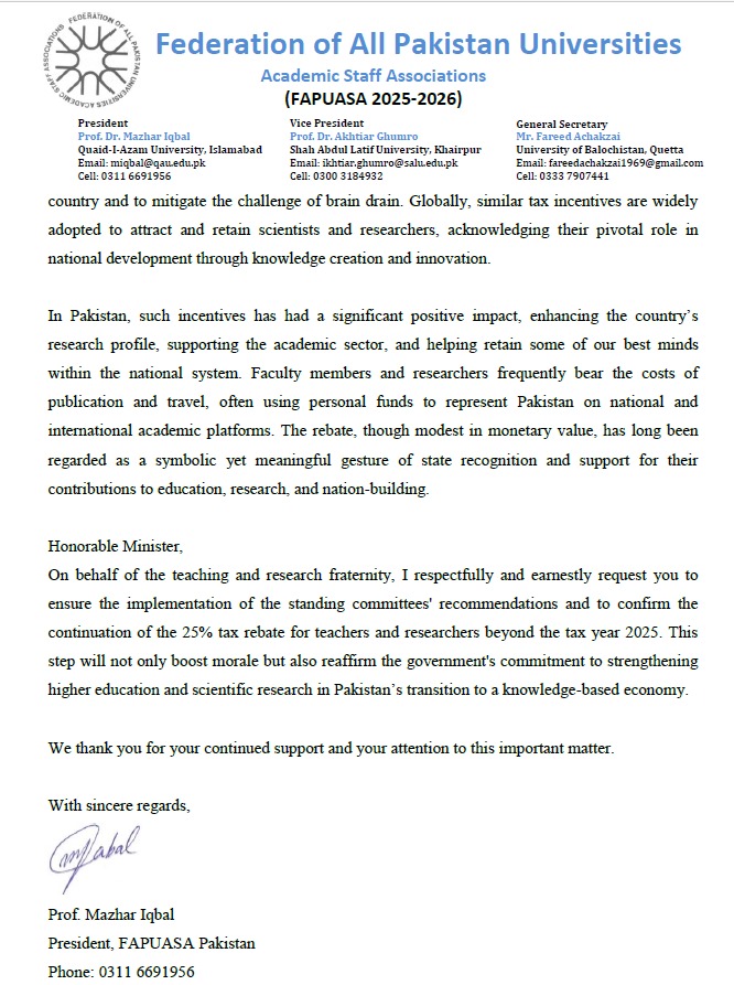 FAPUASA writes open letter to Finance Minister, Mr. Muhammad Aurangzeb to request for continuation of 25% Tax Rebate for teachers and researchers. 

<a href="/Financegovpk/">Ministry of Finance, Government of Pakistan</a> <a href="/GovtofPakistan/">Government of Pakistan</a> 

#Restore_Tax_Rebate
#Tax_Rebate_for_Researchers