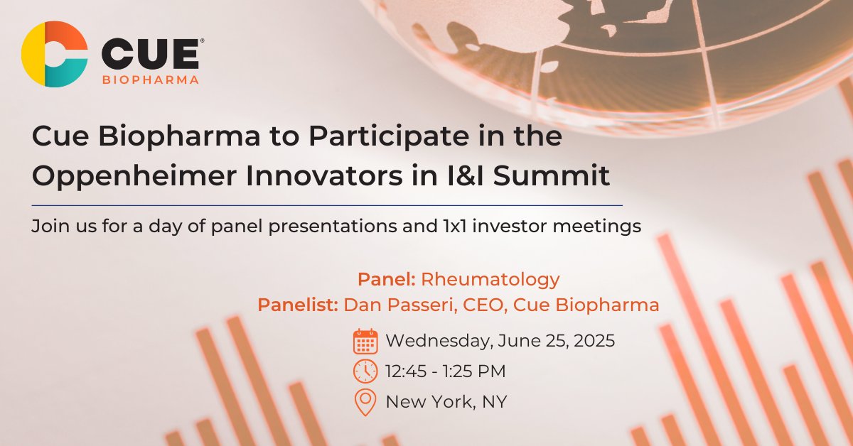 Cue Biopharma (@cuebiopharma) on Twitter photo We're headed to the <a href="/Oppenheimer/">Oppenheimer & Co. Inc.</a> Innovators in I&I Summit in New York, where our CEO, Dan Passeri, will discuss our innovative I&I program, CUE-401, during the Rheumatology Panel and engage with investors and fellow industry peers in #immunology & #inflammation. #OPCOImmunology We're headed to the <a href="/Oppenheimer/">Oppenheimer & Co. Inc.</a> Innovators in I&I Summit in New York, where our CEO, Dan Passeri, will discuss our innovative I&I program, CUE-401, during the Rheumatology Panel and engage with investors and fellow industry peers in #immunology & #inflammation. #OPCOImmunology