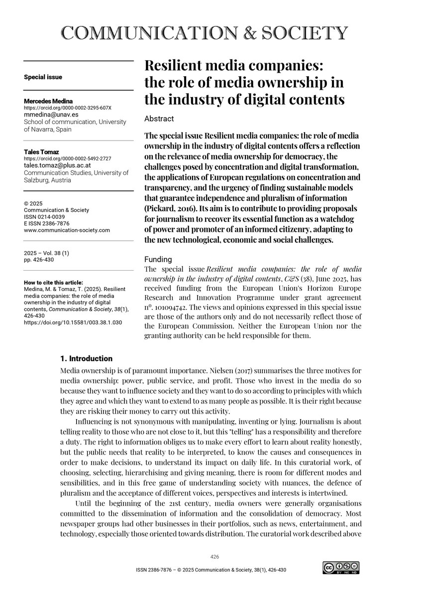 JournalCommSoc's tweet image. 📄“Introduction. Resilient media companies: the role of media ownership in the industry of digital contents” by @mmlaveron, @TalesTomaz
doi.org/10.15581/003.3…
#OpenAccess #Communication #Academic #Ownership #Resiliency #Media #Digital #Concentration #Transparency