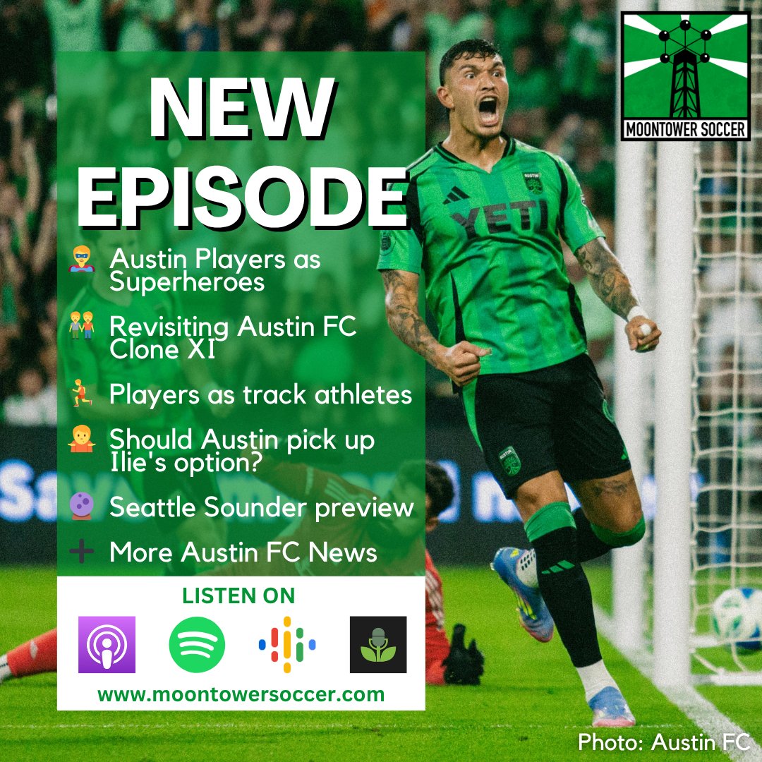 🚨New Episode🚨

🦸 Austin Players as Superheroes
👬 Revisiting Austin FC Clone XI
🏃‍♂️ Players as track athletes
🤷‍♂️ Should Austin pick up Ilie's option?
🔮 Seattle Sounder preview
➕ More #austinfc news

📸: <a href="/AustinFC/">Austin FC</a>

Listen to the full episode at moontowersoccer.com/atx-players-as…