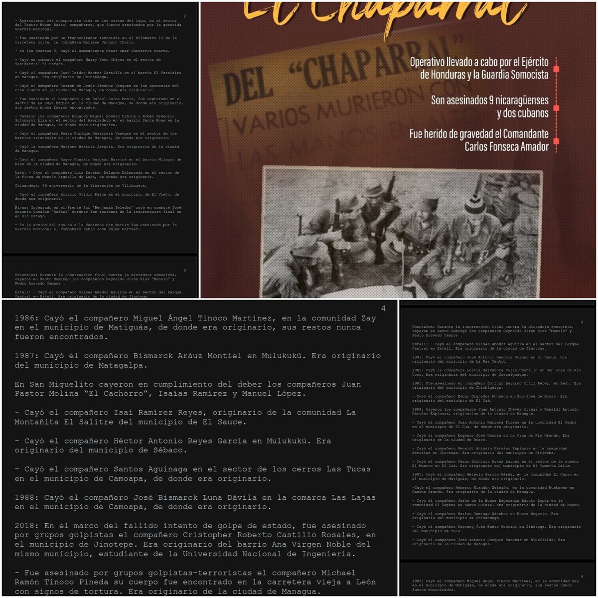 💥Efemérides 
24Junio1959: Gesta Heroica de El Chaparral, hace 65 años.

OFENSIVA FINAL
Chontales, Estelí, Matagalpa (46 aniversario Liberación de Matiguas), Masaya, Managua

Gloria Eterna a los caídos en la ofensiva final

<a href="/Atego16/">@🅰🆃🅴🅶🅾 🇳🇮</a>
<a href="/Uva22/">𝑼𝒗𝒊𝒕𝒂</a>

#UnidosEnVictorias #4619SiempreMásAllá
