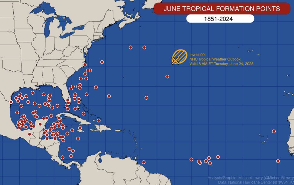 JGerardWeather's tweet image. The first named storm of the season (Andrea) has formed but it’s a nothingburger. It’s the farthest north and east any tropical cyclone has formed since recordkeeping began. #meteorologist4thepeople #LOCAL10 #LOCAL10
