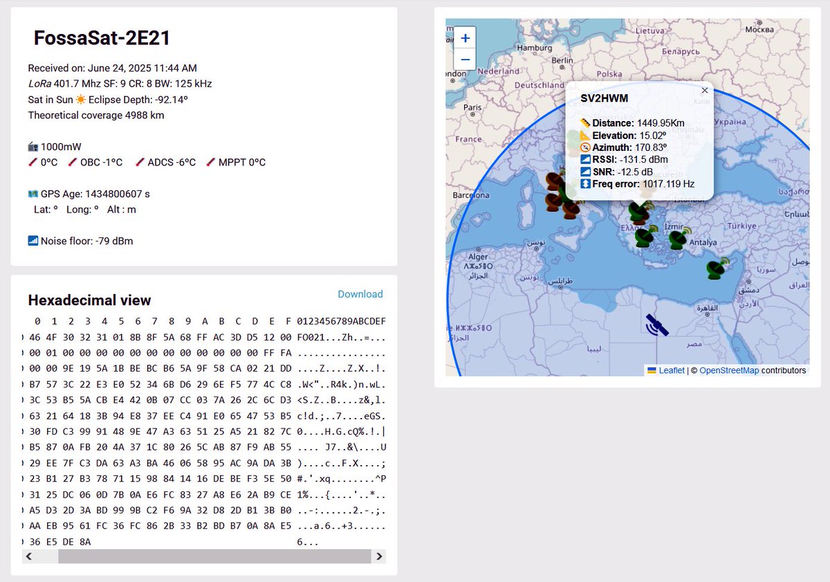 2025-06-24 11:44 UTC – Reception of telemetry from the newly deployed 🇪🇸 3U CubeSat 🛰️ FossaSat-2E21 on 401.700 MHz, in LoRa mode with my <a href="/tiny__GS/">tiny.GS</a> in 🇬🇷.
<a href="/lilygo9/">LILYGO</a> TTGO LoRa32 433 MHz ESP32 board and λ/4 GP antenna. <a href="/FossaSys/">FOSSA Systems</a>