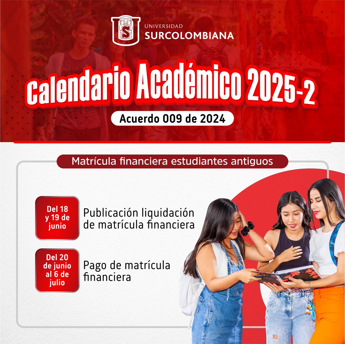 Conozca el calendario académico 2025-2 para la matrícula financiera de estudiantes antiguos.

💰 No deje pasar las fechas clave para asegurar su cupo y continuar con su proceso formativo.

Consulte todos los detalles en nuestra página web oficial usco.edu.co
