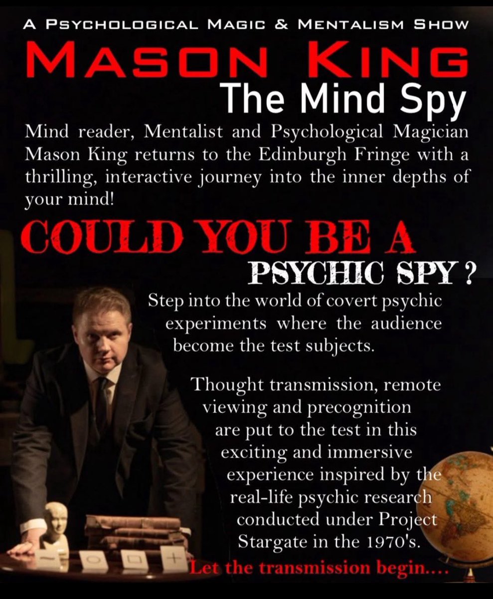 MKMindReader's tweet image. Heading to #EdFringe this August?!
Come along to @theSpaceUK & check out my new show ‘Mason King - The Mind Spy’.
A psychological magic & mentalism show based on the real life covert psychic experiments undertaken by the US Government in the 1970’s. 👁️
thespaceuk.com/shows/2025/mas…