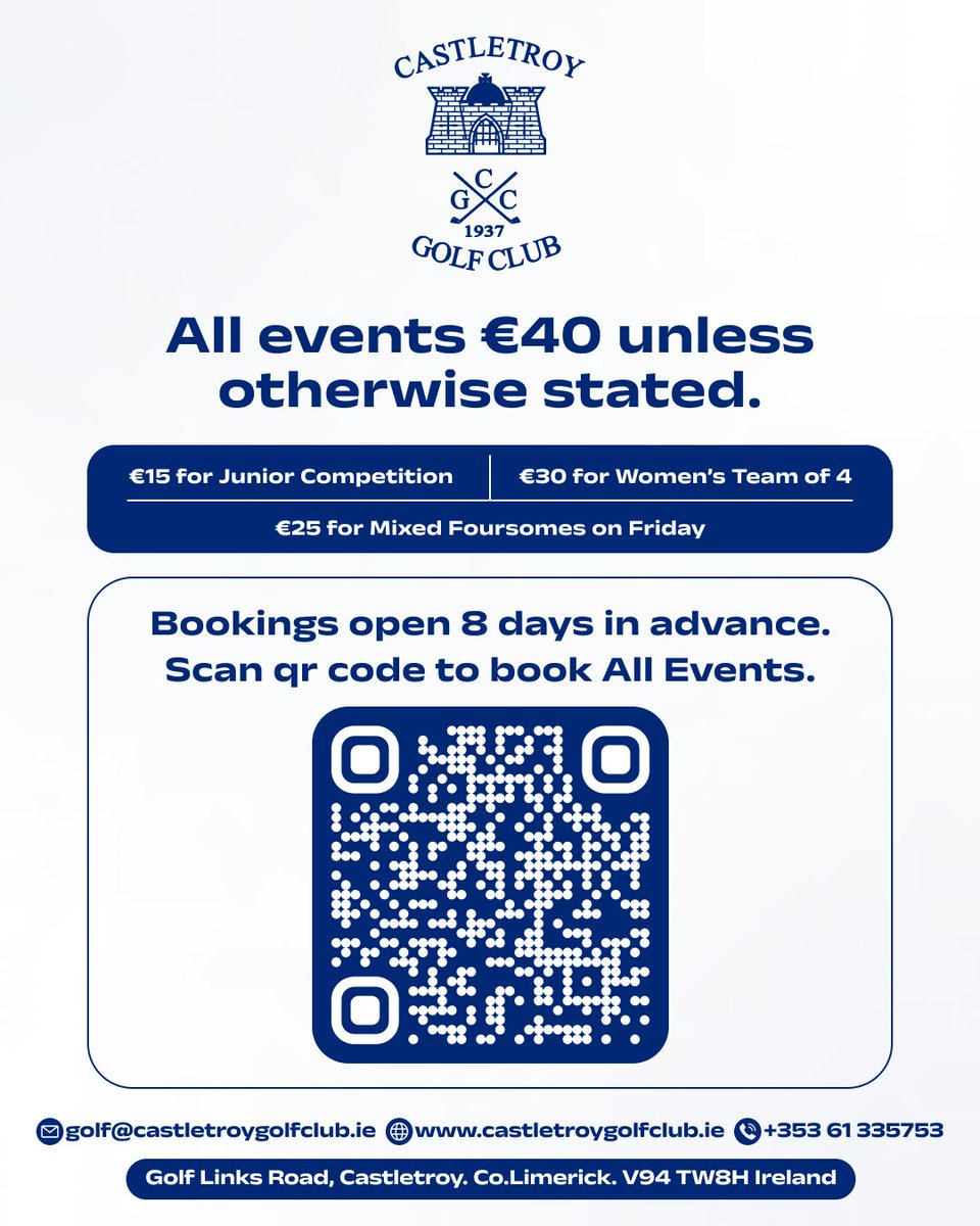 🏌️ “One Week. Ten Ways to Play.”
🗓 Castletroy Golf Club Open Week
📆 June 30 – July 6
💶 Most events: €40
✅ Junior: €15 | Women's 4-Ball: €30 | Mixed Foursomes: €25
🕗 Booking opens 8 days early
Scan to book your spot. Compete, connect, and crush it.
#CastletroyGolfClub