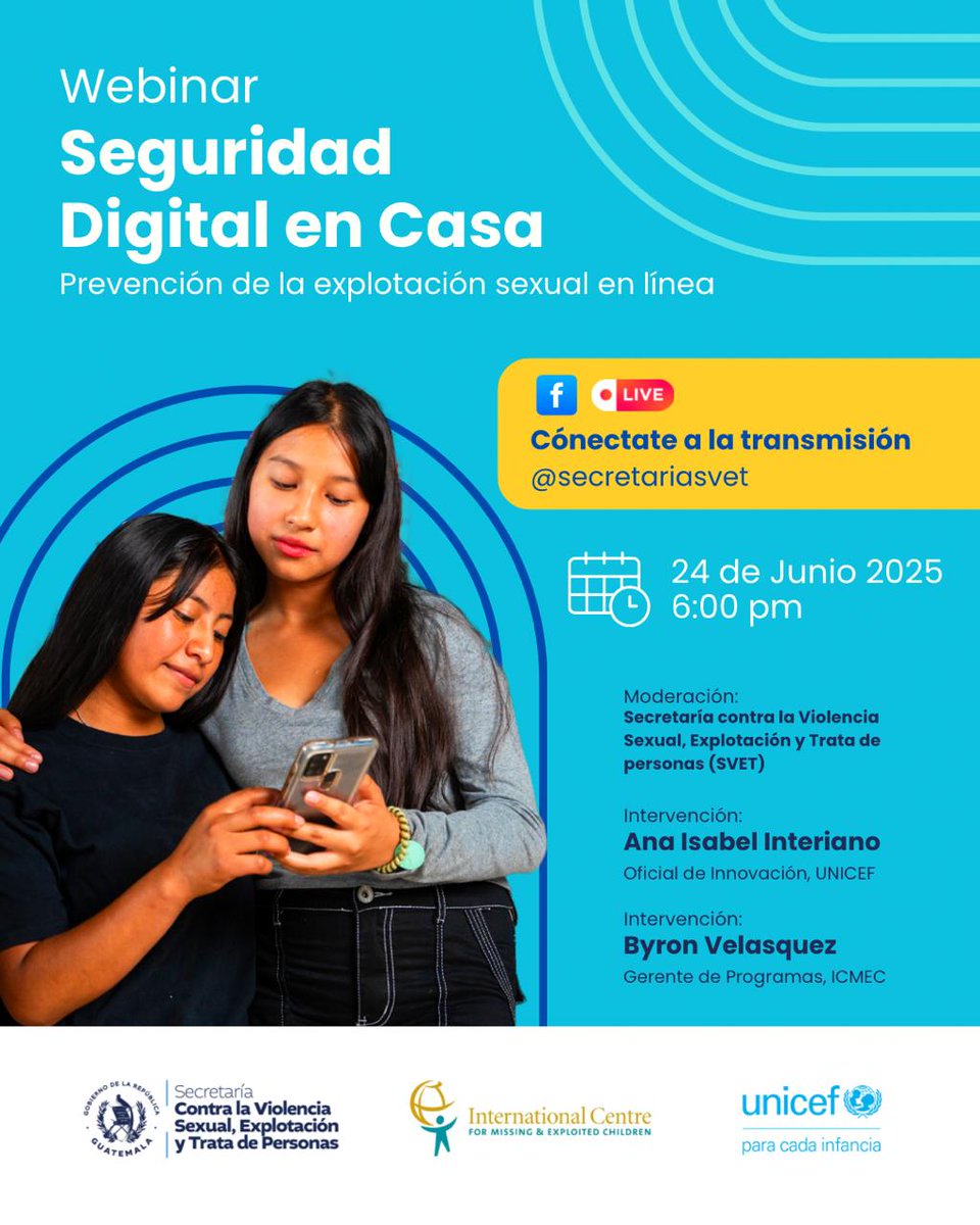 secretariasvet's tweet image. 📣 ¡HOY! Conéctate al webinar “Seguridad Digital en Casa” 🛡️
🗓️ 24 de junio | 🕕 6:00 p.m.
🎥 Transmisión en Facebook Live

Madres, padres y cuidadores, ¡los esperamos! 👨‍👩‍👧‍👦
📌  #SVET #ModoDigital #PrevenciónVET #Webinar #Webinario